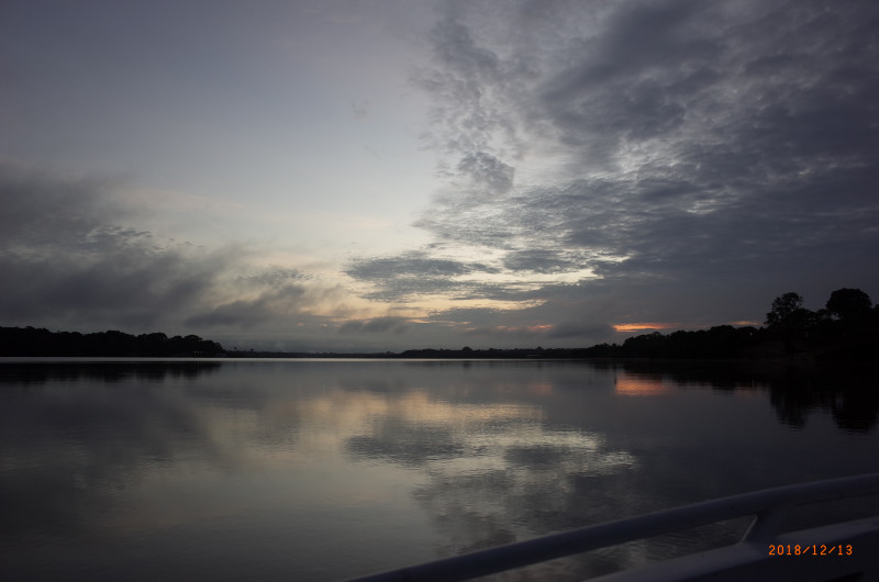 朝日が昇るアマゾン川